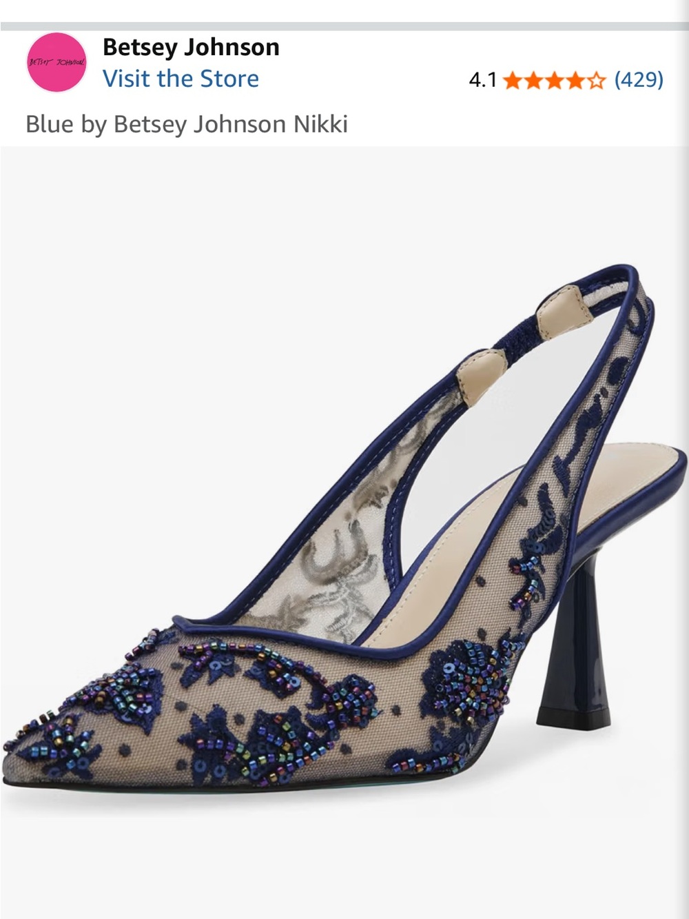 Betsey Johnson Navy Blue Beaded Mesh Slingback Heels